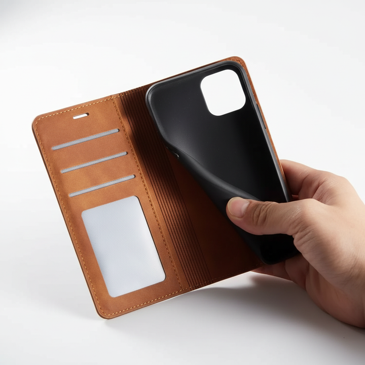 Schwarze iPhone Klapphülle aus Lederoptik mit integriertem Kartenfach und Magnetverschluss.