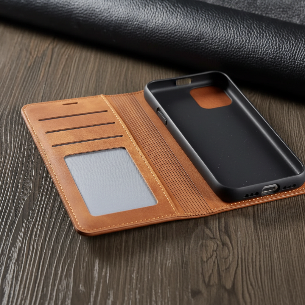 Stilvolle iPhone Schutzhülle aus Leder, stoßfest mit Fächern für Karten. Optimaler Smartphoneschutz.