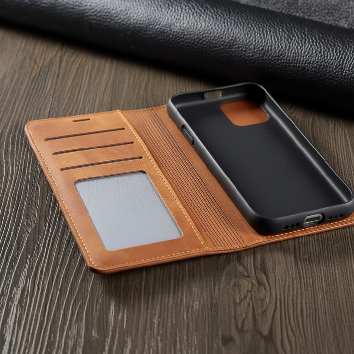 Stilvolle iPhone Schutzhülle aus Leder, stoßfest mit Fächern für Karten. Optimaler Smartphoneschutz.