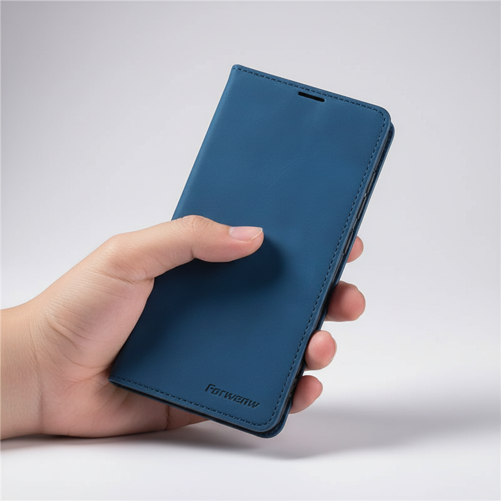 Aufgeklappte Leder Klapphülle für iPhone, zeigt Kreditkartenfächer und weiches Innenmaterial.