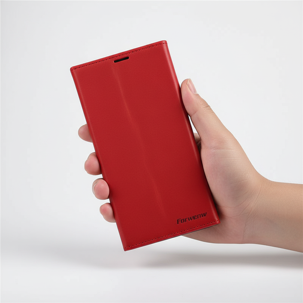Luxuriöse Leder Klapphülle für iPhone, mit praktischer Faltfunktion und Kartenschlitzen.