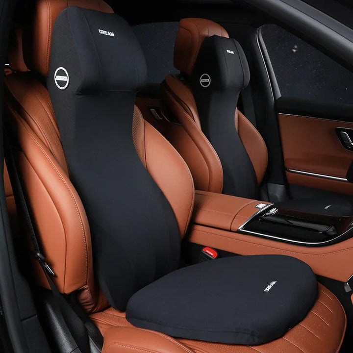 Ergonomisches Auto Kissen-Set aus Memory-Schaum für Kopf- & Lendenstütze in Lederoptik, fördert Sitzkomfort.