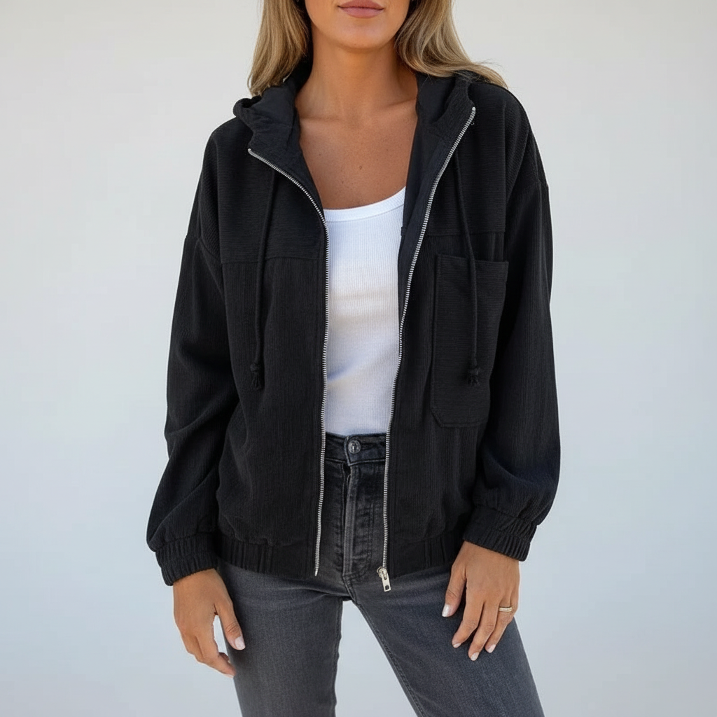 Praktische leichte Damen-Kapuzenjacke mit Reißverschluss; ideal für aktive Frauen in Frühling und Herbst.
