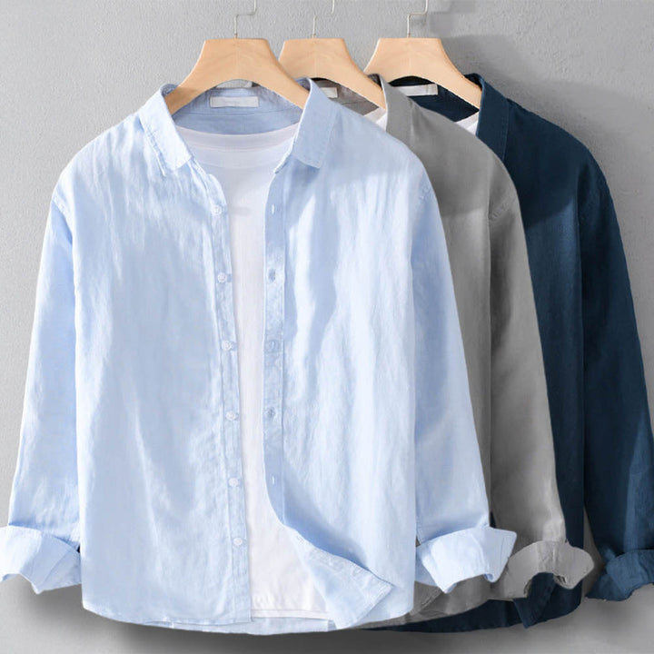 Vielseitiges Herren Langarmhemd mit Stehkragen, passend für elegante und lässige Herrenmode-Stile.