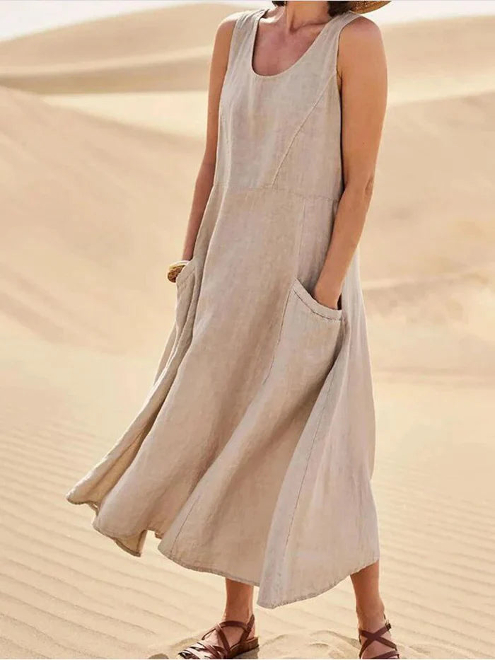 Damen A-Linie Kleid, ärmellos, Midi-Länge, mit praktischer Tasche. Bequemes Sommerkleid für Freizeit & Urlaub.