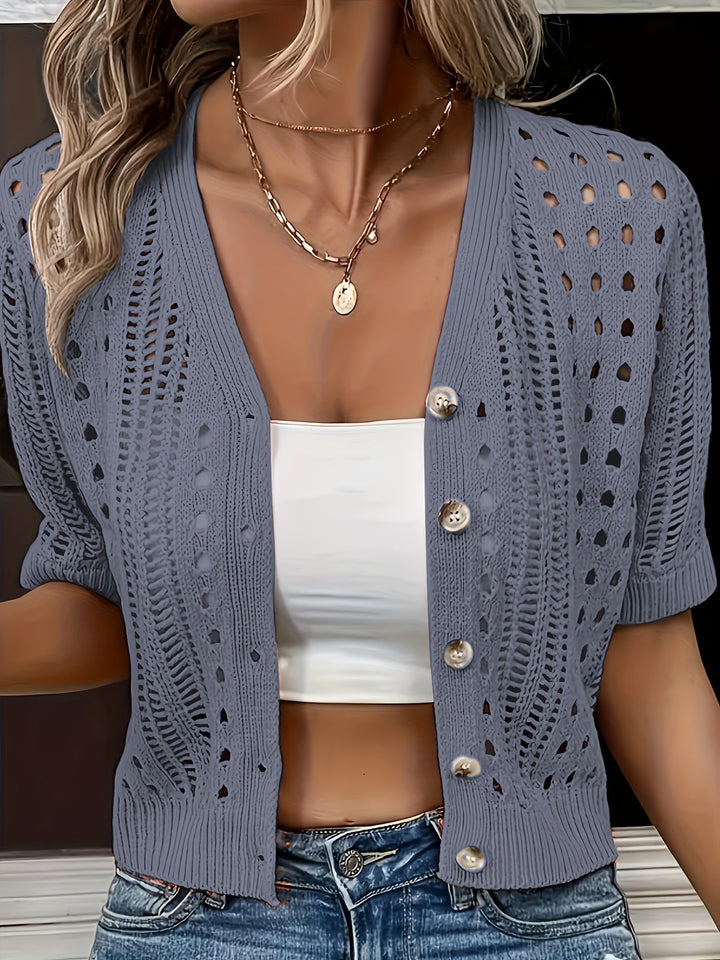 Luftiger Damen Kurzarm Cardigan mit Ajourmuster, leichte Sommer-Strickjacke mit Knopfleiste.