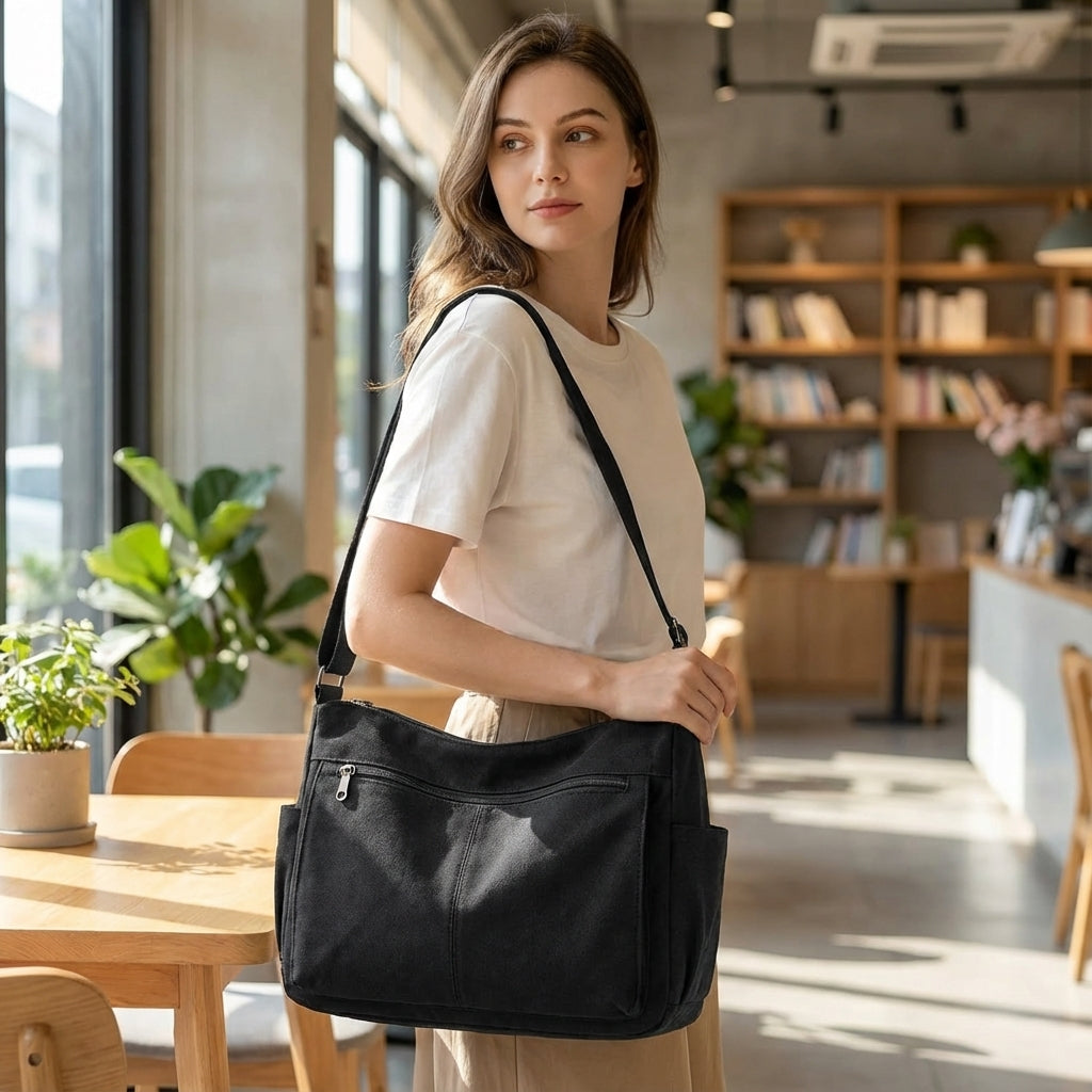 Leichte Unisex Laptop-Schultertasche Satchelix in Schwarz mit vielen Fächern, ideal für Business & Alltag.
