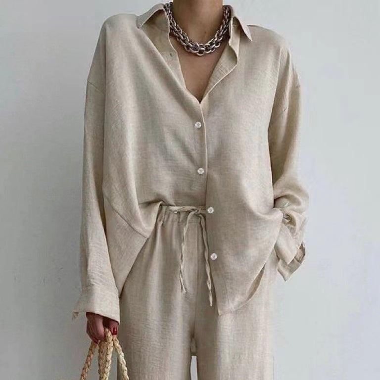 Damen Herbst-Set: Elegante Bluse & weite Hose mit Komfort-Bund. Stilvoller Zweiteiler für Freizeit und Büro.