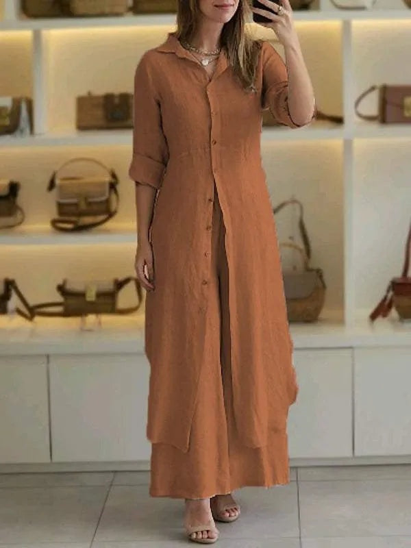 Weiches, atmungsaktives Damen Zweiteiler Set: lange Bluse & weite Hose. Ideal für heiße Sommertage.