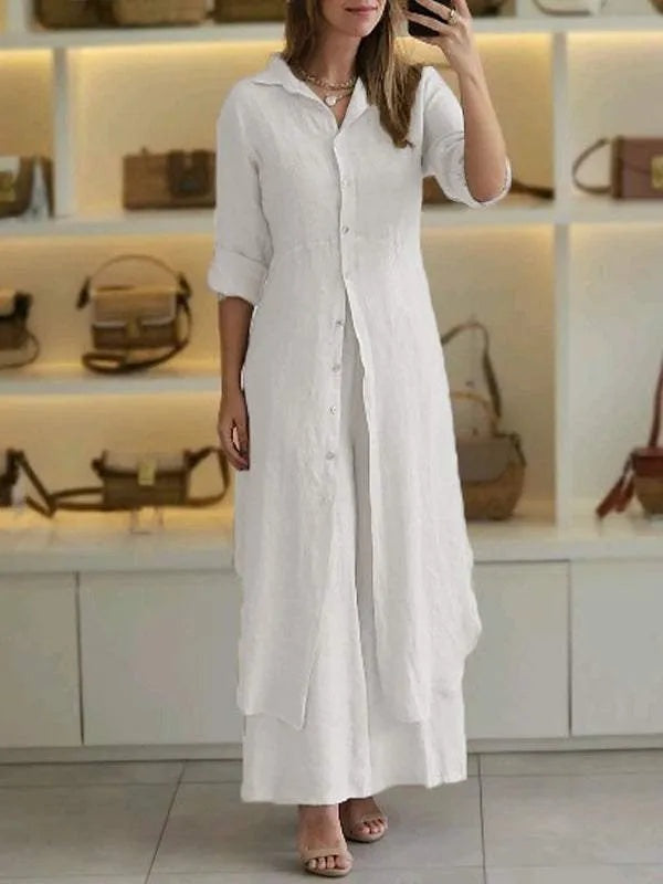 Detailansicht Damen Sommer Zweiteiler: fließende lange Bluse & weite Hose in trendiger Farbe.