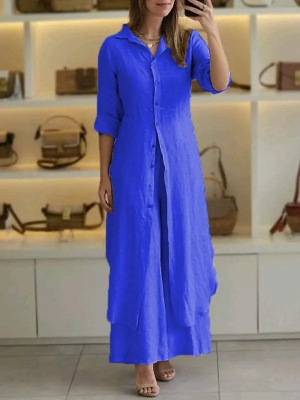 Vielseitiges Damen Sommer Zweiteiler Set: elegante lange Bluse & weite Hose für diverse Anlässe.