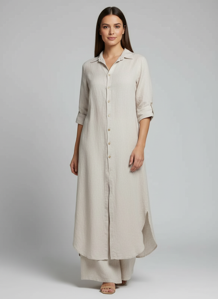 Luftige lange Damen Bluse und passende weite Hose im Sommer Zweiteiler Set. Ideal für Strand & Stadt.