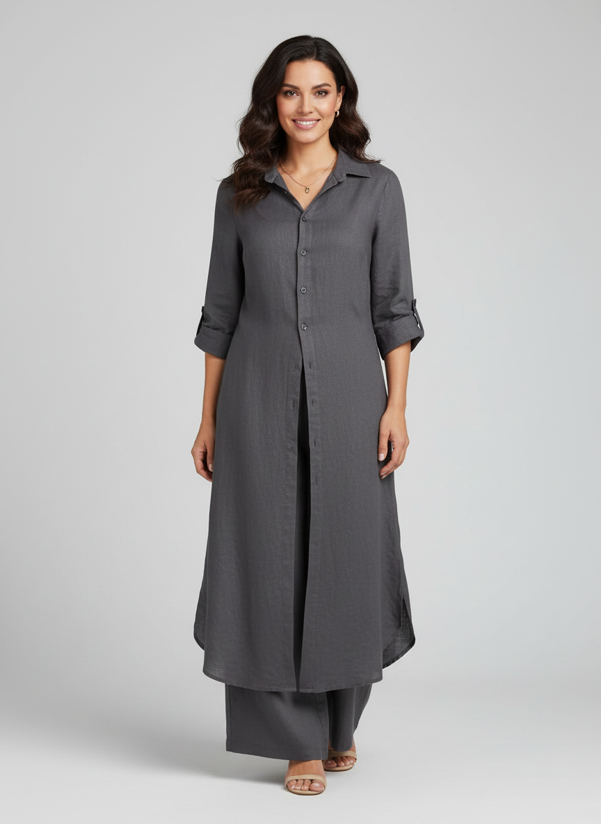 Elegantes & komfortables Damen Zweiteiler Set mit langer Bluse und weiter Hose für sommerliche Tage.