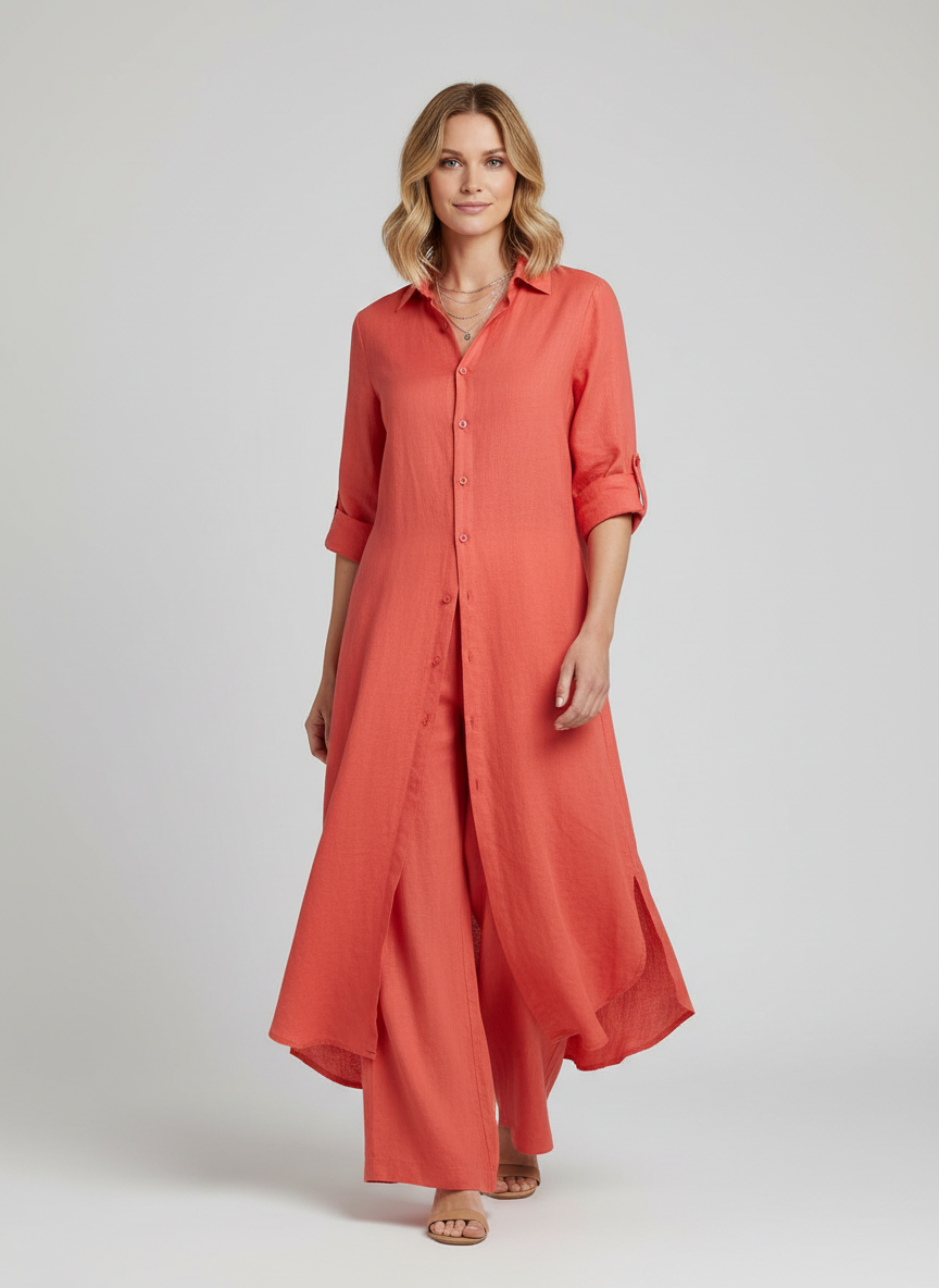 Damen Sommer Zweiteiler Set: luftige lange Bluse & weite Hose. Perfekt für Freizeit & Urlaub.