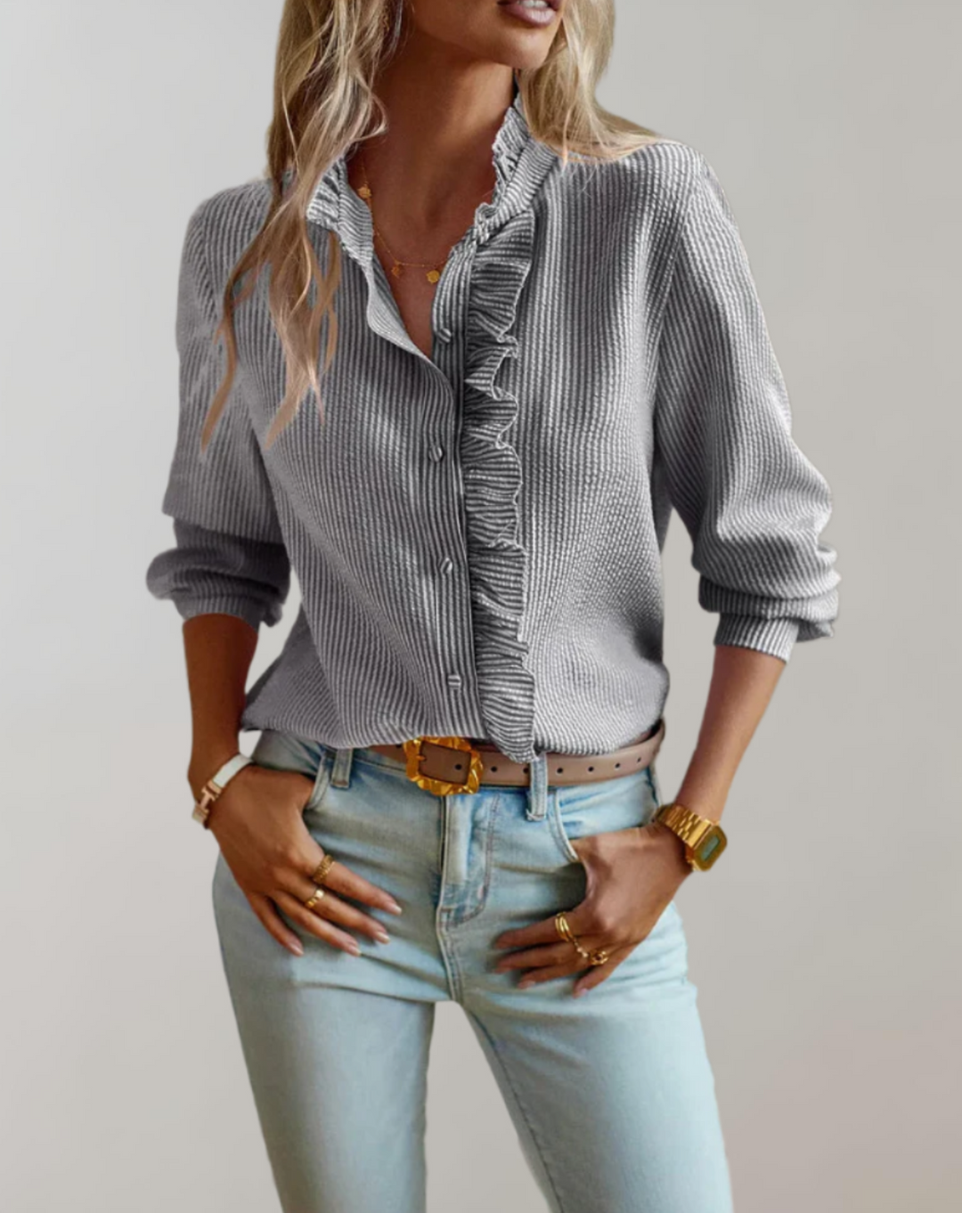 Stylisches Damen Langarm Blusentop mit Stehkragen, Rüschen & lockerem Schnitt für Komfort.