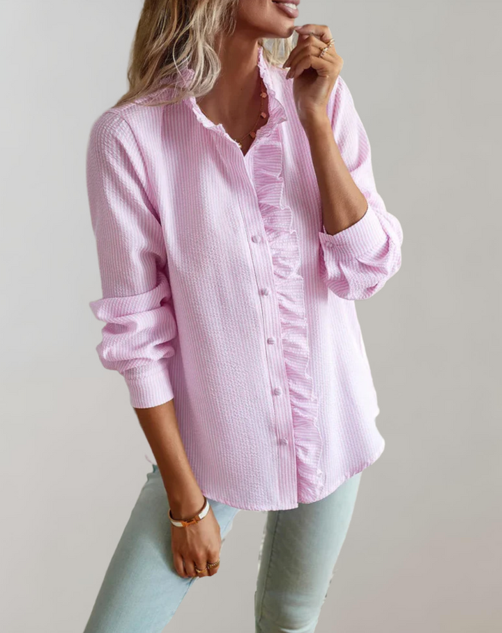 Stilvolles Damen Langarmshirt mit Rüschen, Stehkragen & bequemer Passform für Büro & Freizeit.