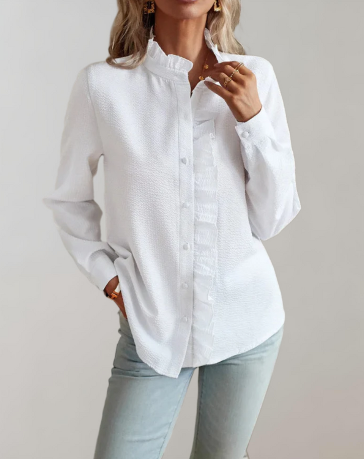 Damen Top mit Rüschen am Kragen und Ärmeln, Stehkragen, langärmlig, locker & bequem.