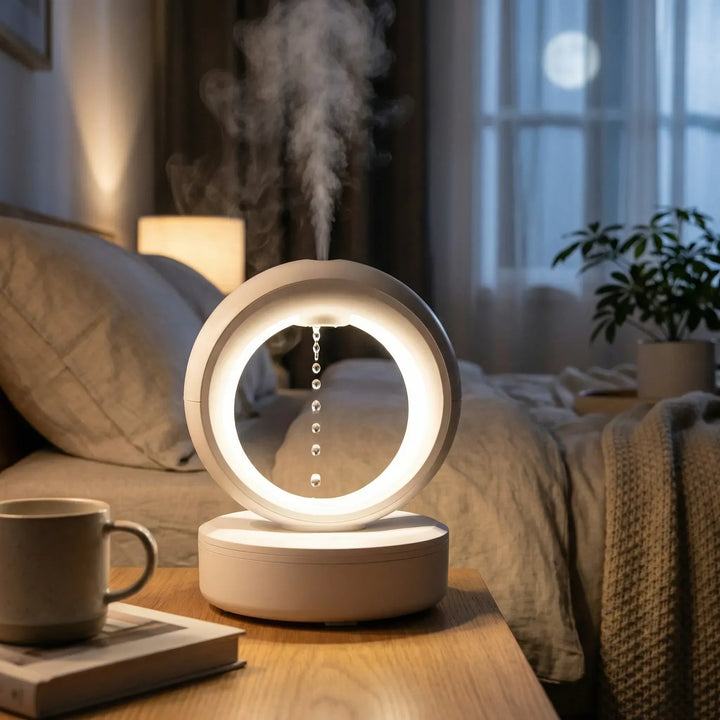 Modernes, schwebendes LED Luftbefeuchter & Aroma Diffuser. Verbessert Raumklima & schafft entspannende Atmosphäre.