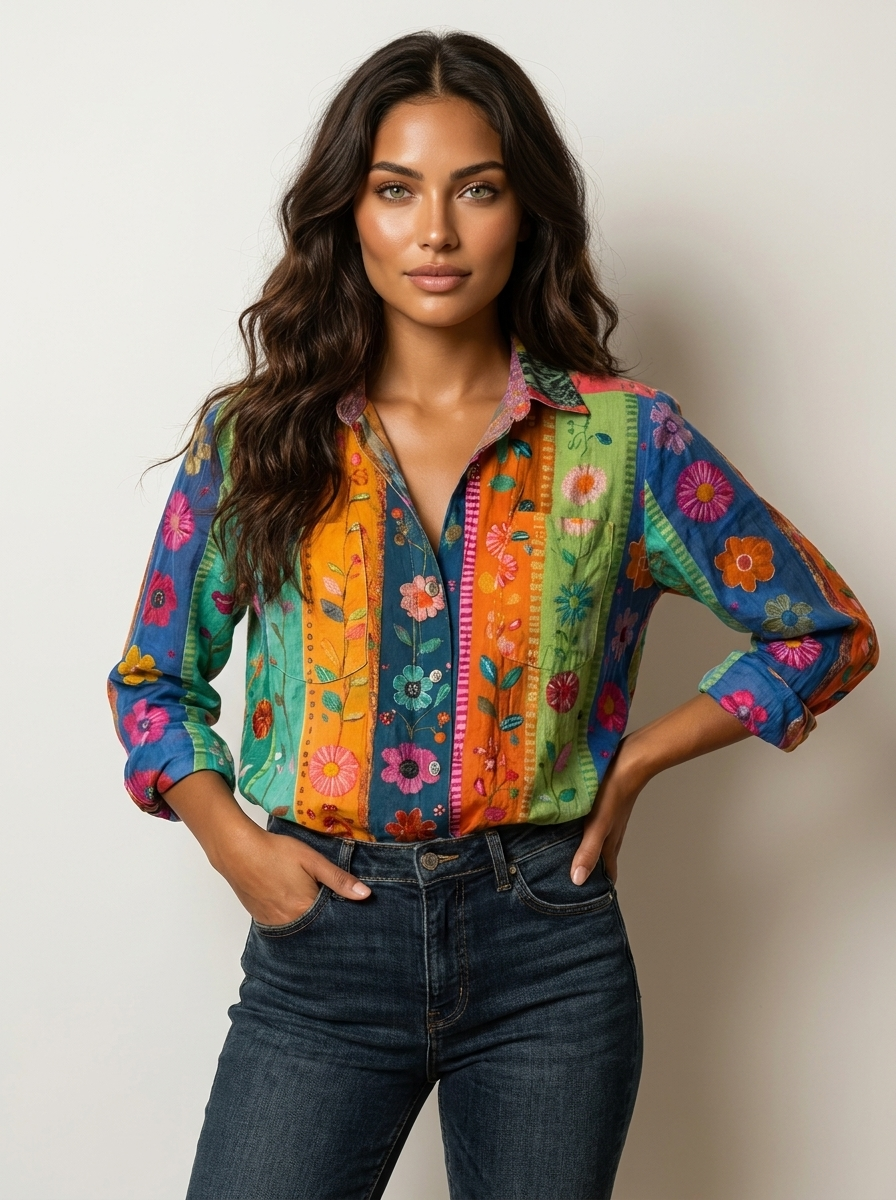 Vibrante Damen Bluse mit Botanischem Print. Farbenfrohes, leichtes Sommerhemd, ideal für stilvolle Freizeit-Momente.