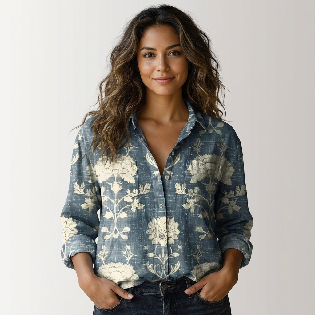 Feminine Damen Sommerbluse mit botanischem Muster & Knopfleiste. Ideal als leichtes Freizeit- oder Urlaubs-Oberteil.