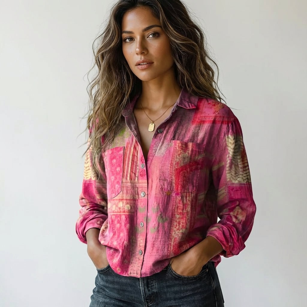 Luftige Damen Bluse mit lebhaftem Botanischem Print. Leichtes Sommerhemd, locker geschnitten für Komfort an warmen Tagen.