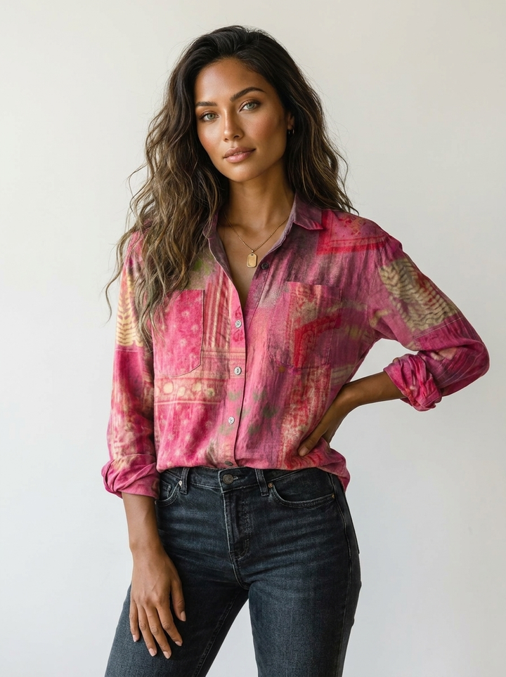 Elegante Damen Sommerbluse mit Botanischem Print. Locker geschnittenes, leichtes Oberteil mit Knopfleiste für den Urlaub.
