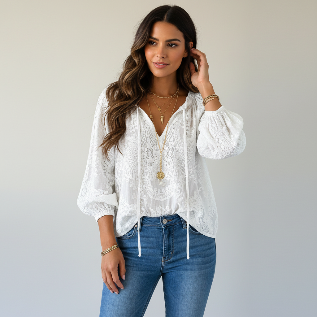 Schwarze, bequeme Damenbluse mit Spitze im femininen Boho-Stil für elegante Sommer-Looks.