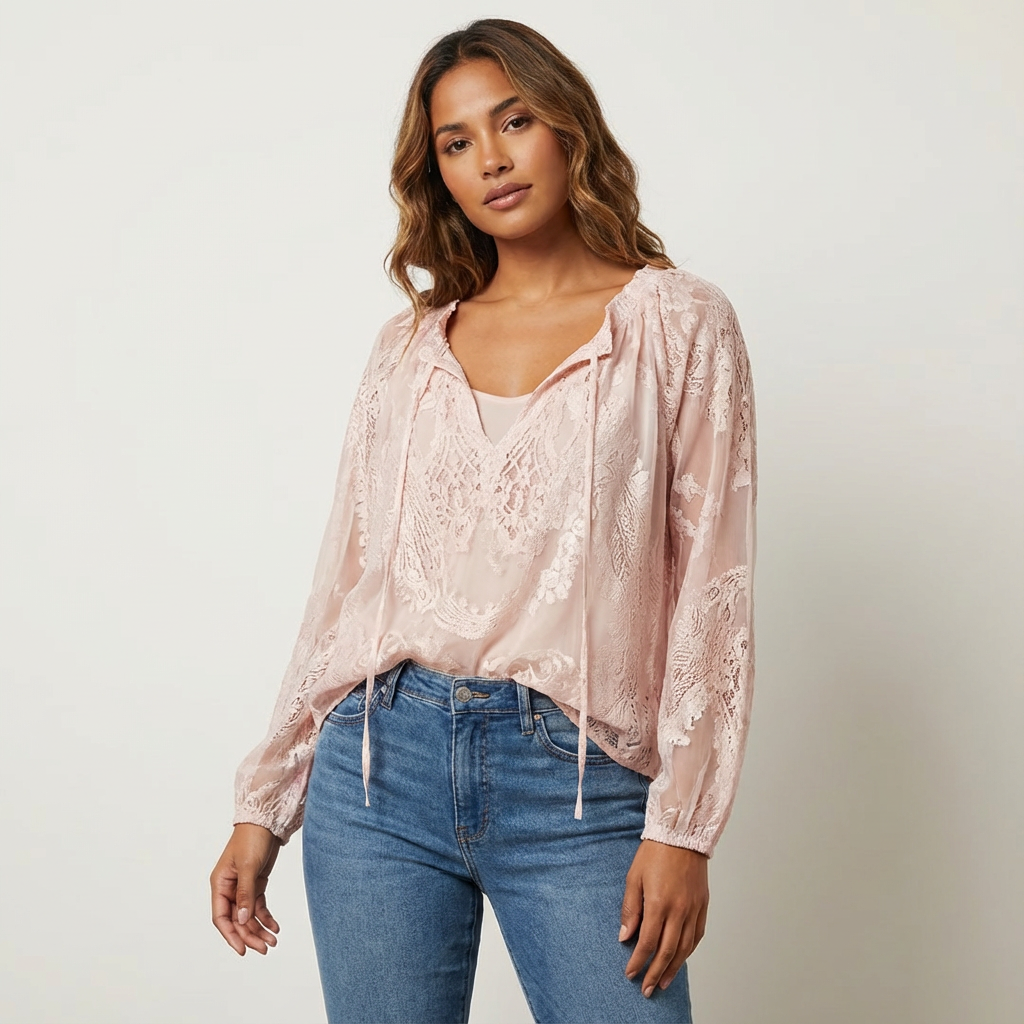 Rosa, feminine Damen Spitzenbluse im Boho-Stil, bequem & elegant für sonnige Tage.