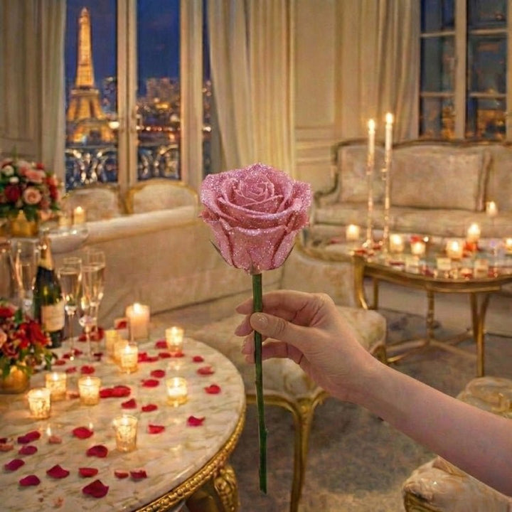 Einzelne Glitzerrose in Geschenkbox, eine langlebige und wunderschöne Kunstblume.