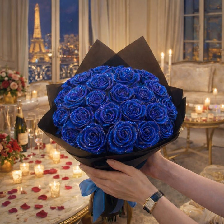 Romantische Glitzerrose in edler Geschenkbox, ein funkelndes Geschenk für jeden Anlass.
