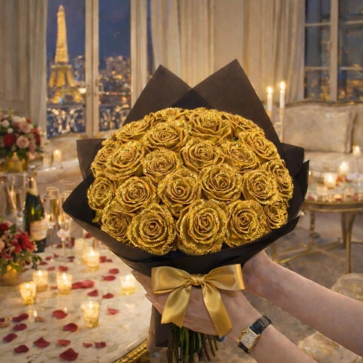 Glitzernde Kunstblume Rose in Geschenkbox, dauerhafte Alternative zu frischen Blumen.