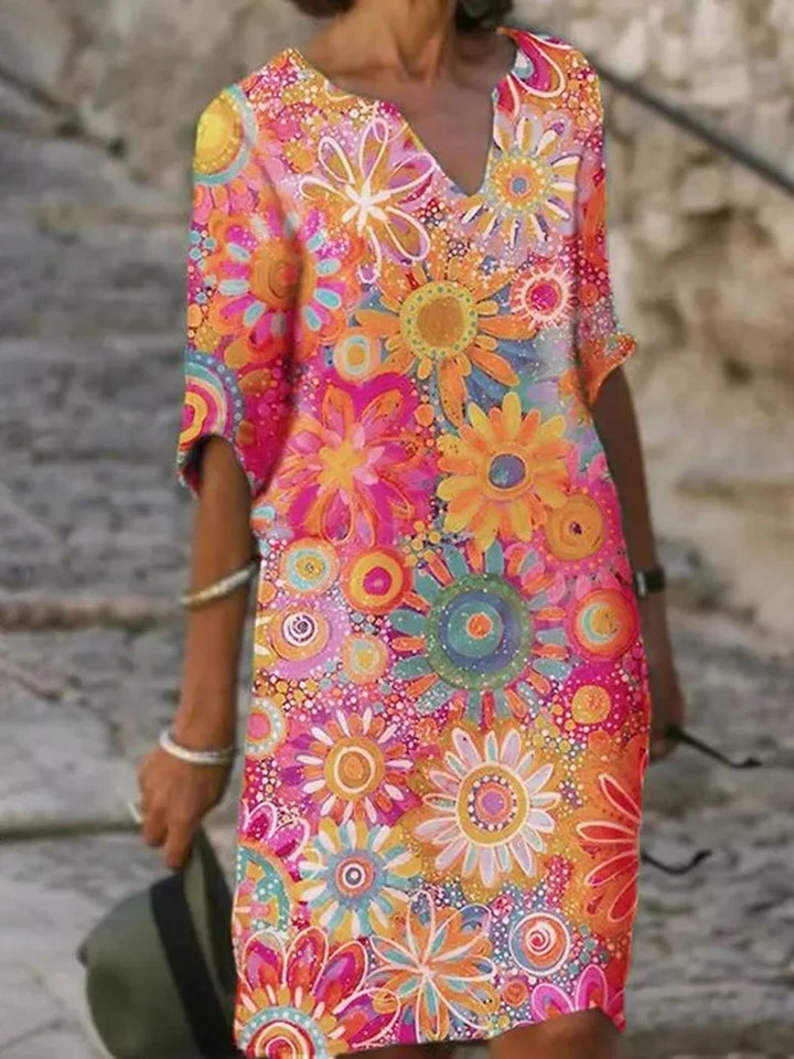 Damen V-Ausschnitt Langarm Blumenkleid, elegantes Herbstkleid in Grün/Gelb/Rosa. Perfektes Midikleid für Freizeit & Fest.