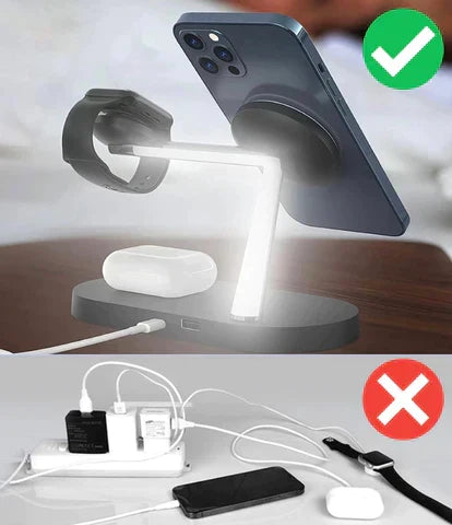 Multifunktionale 3-in-1 Ladestation in Schwarz, lädt drei Geräte kabellos und schnell.