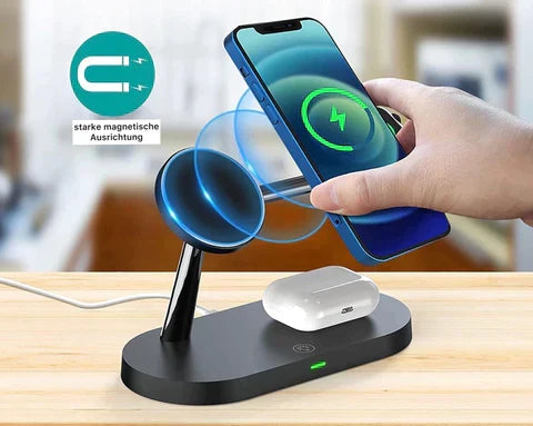 Kabelloses 3-in-1 Ladegerät mit Überladungs- & Kurzschlussschutz für Handy, Uhr & Kopfhörer.