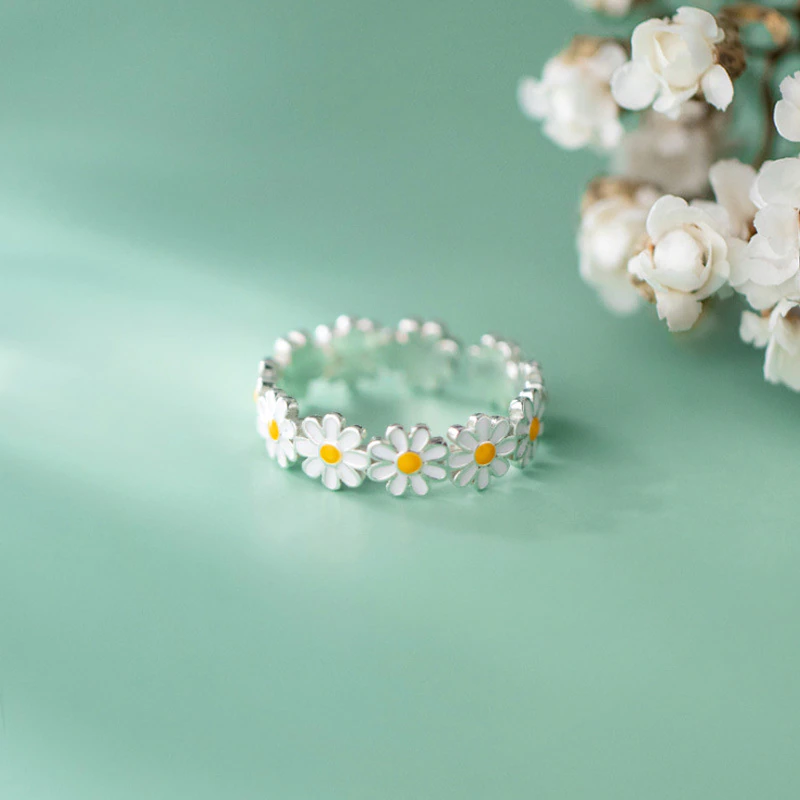 Damen-Gänseblümchen-Ring aus 925er Silber, filigraner Blumenring, verstellbar. Eleganter Silberschmuck.