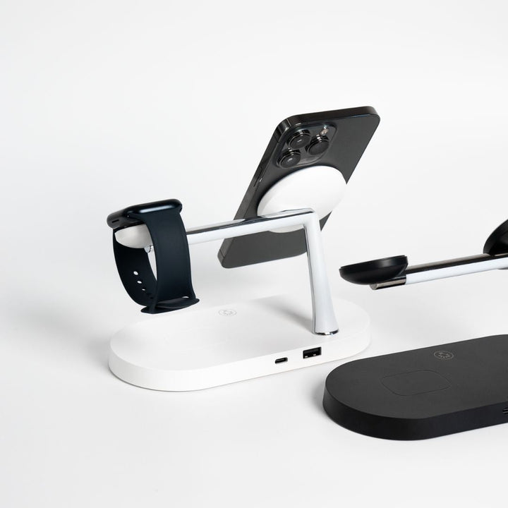 Schwarze Universal-Ladestation mit USB-C für Handy, Uhr & Kopfhörer; kabelloses Schnellladegerät.