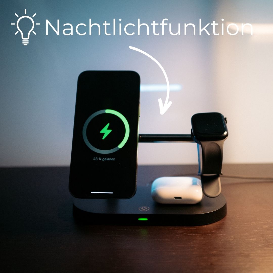 Kompakte 3-in-1 Ladeschale für kabelloses Laden von Smartphone, Uhr und TWS-Kopfhörern.