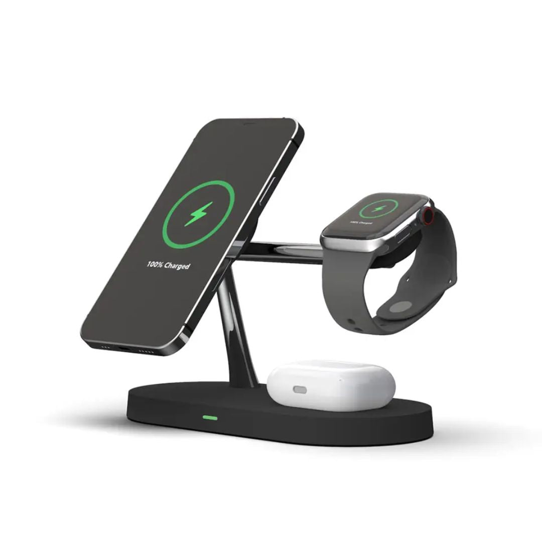 Elegantes kabelloses Ladepad mit integriertem Nachtlicht für Smartphone, Uhr und Bluetooth-Kopfhörer.