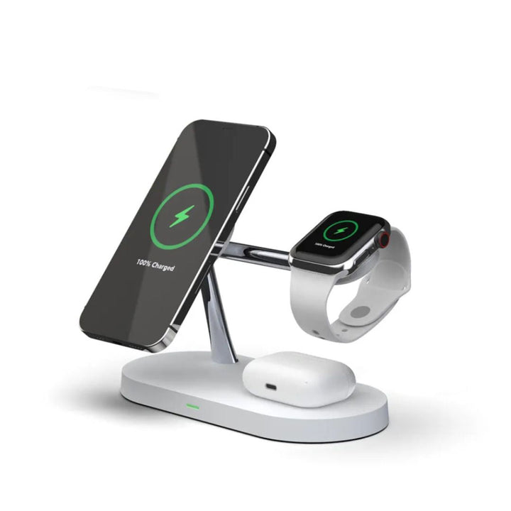 Minimalistische weiße 3-in-1 Ladestation, hält Smartphone, Uhr & Kopfhörer organisiert beim Laden.