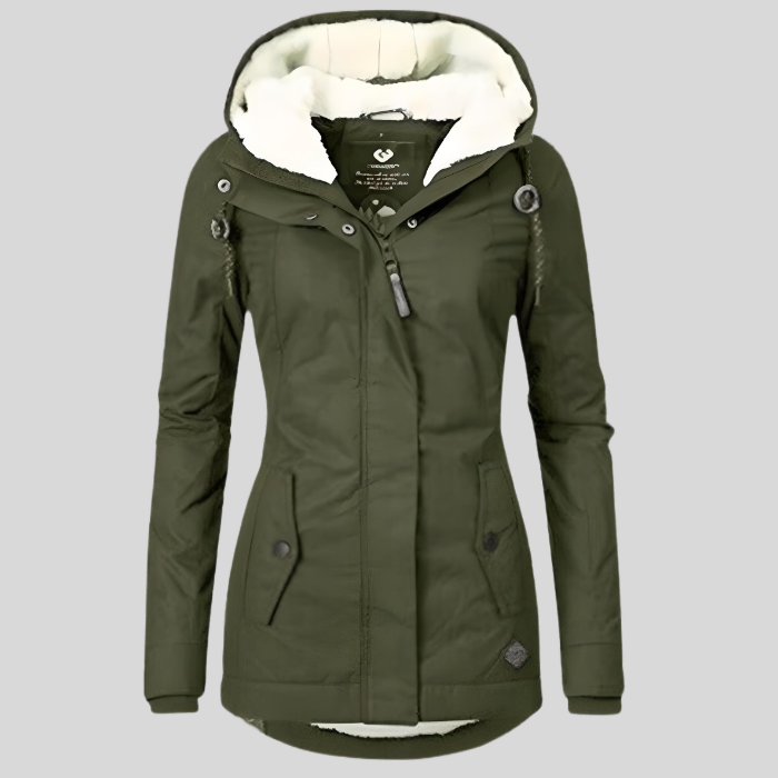 Langer Damen Wintermantel mit Kapuze für umfassenden Schutz; warm, wasserdicht & elegant.