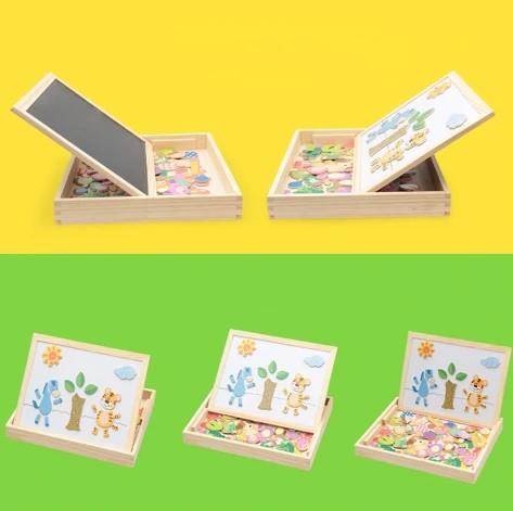 Vielseitiges Kinder Magnetspiel und Zeichentafel. Puzzle-Lernspielzeug aus Holz für kreatives Spielen und Lernen.