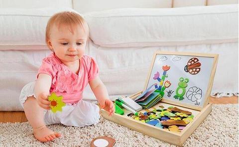Kombiniertes Magnetspiel, Puzzle & Zeichentafel aus Holz. Vielseitiges Lernspielzeug für kreative Kinder.