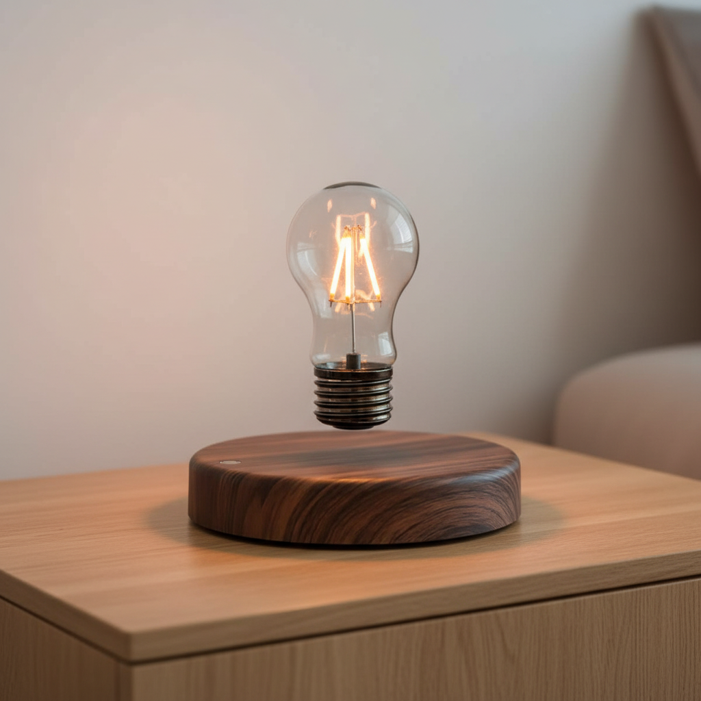 Magnetische Schwebelampe Floatique aus Walnussholz, LED-Licht schwebend über dem Sockel.