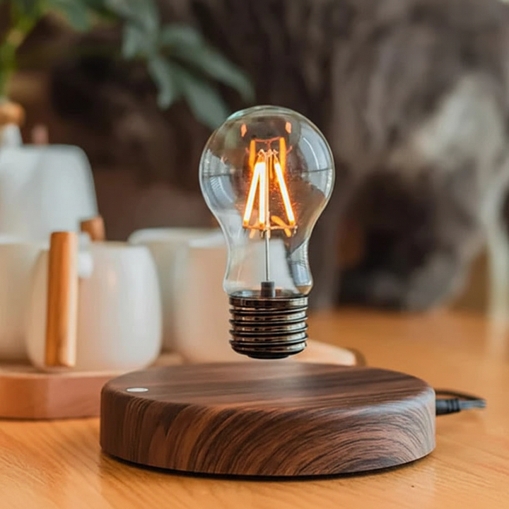 Stilvolle Walnussholz-Dekoleuchte mit schwebender LED-Lampe, perfekt für Wohnzimmerdeko.