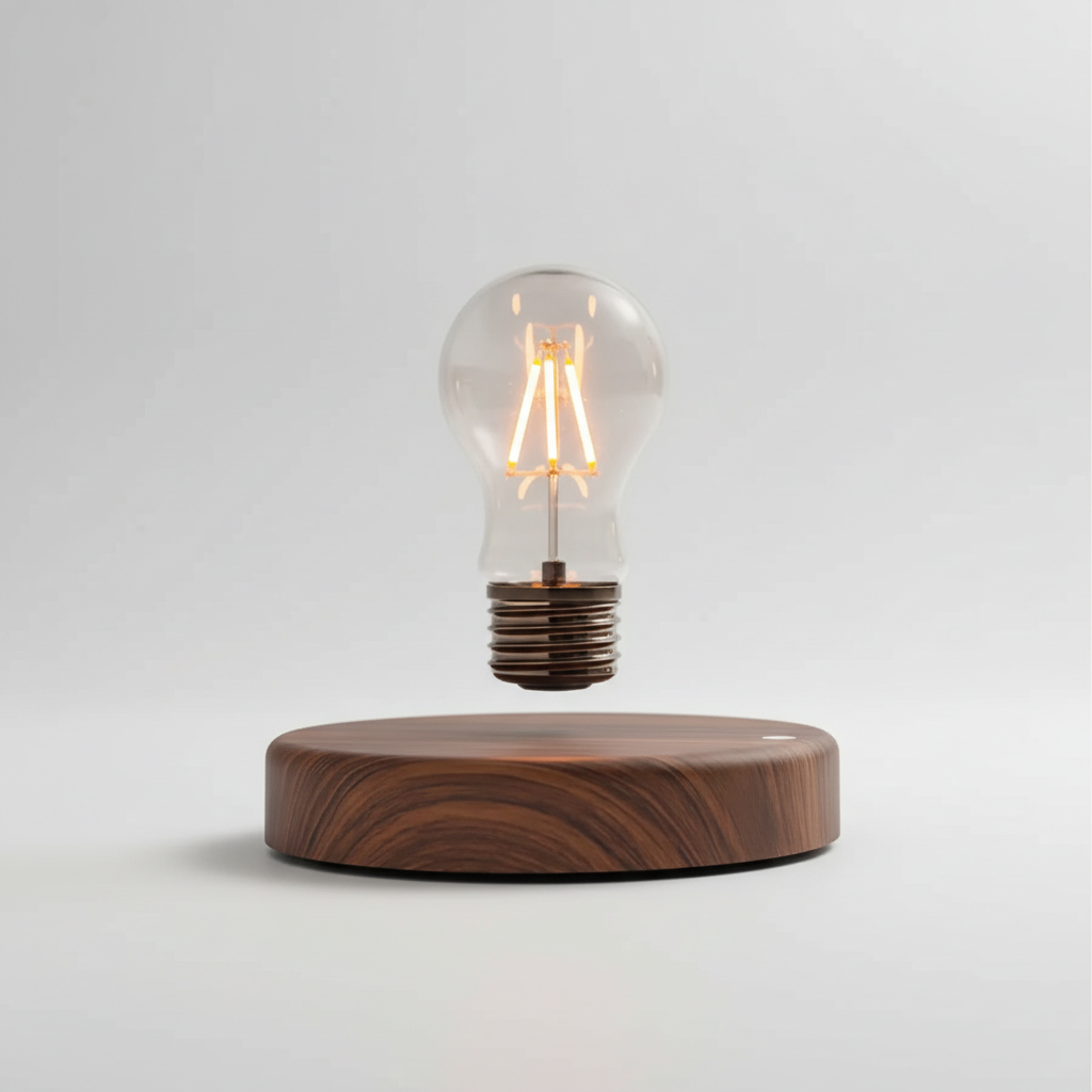 Induktive LED Schwebelampe Floatique, moderne Beleuchtung mit magnetischer Technologie und Walnussholz.