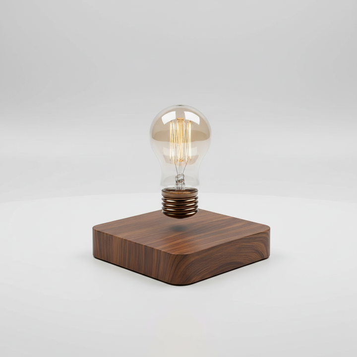 Exklusive magnetische Schwebelampe Floatique, LED-Tischlampe aus Walnussholz, stilvolle Dekoleuchte.