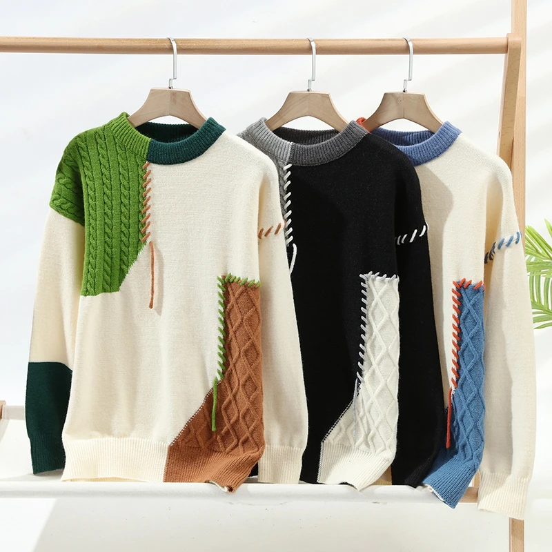 Lässiger, warmer Herren Winterpullover mit Zopf-Patchwork-Design, ideal für Freizeit & Herbsttage.