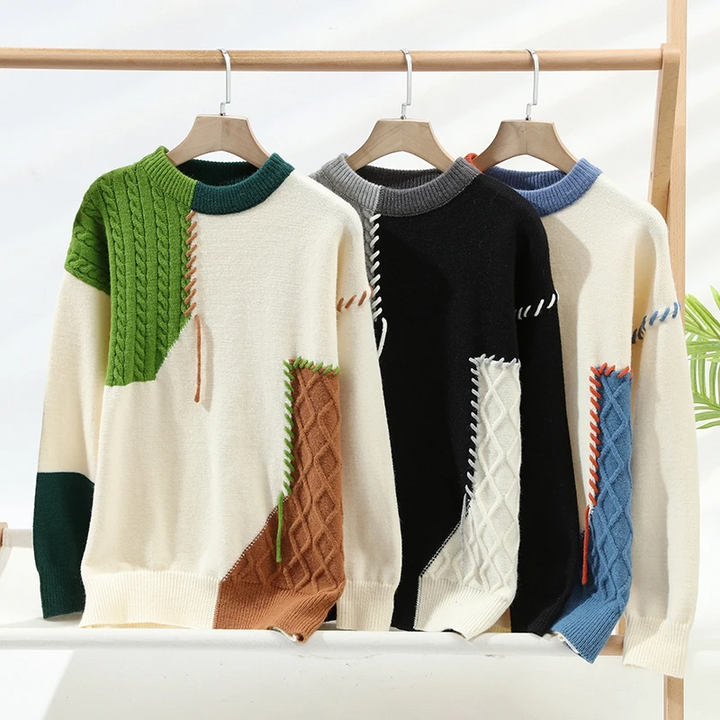 Lässiger, warmer Herren Winterpullover mit Zopf-Patchwork-Design, ideal für Freizeit & Herbsttage.