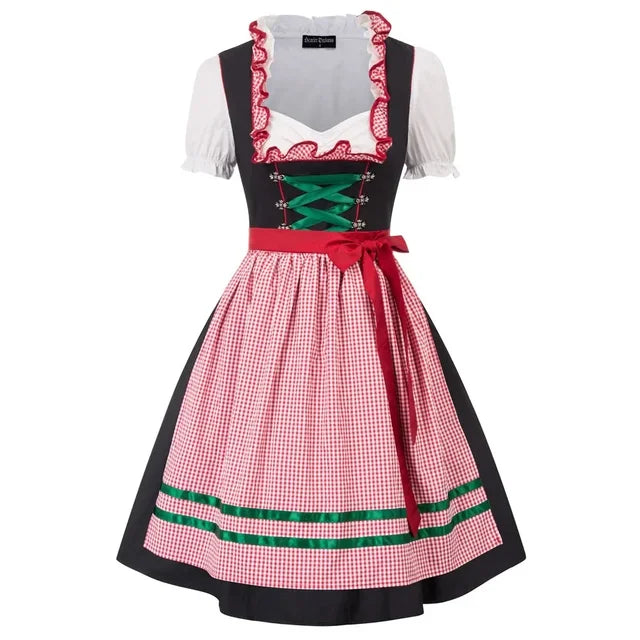 Traditionelles Damen Dirndlkleid für Oktoberfest, mit Schnürmieder, aufwendiger Stickerei & passender Schürze.