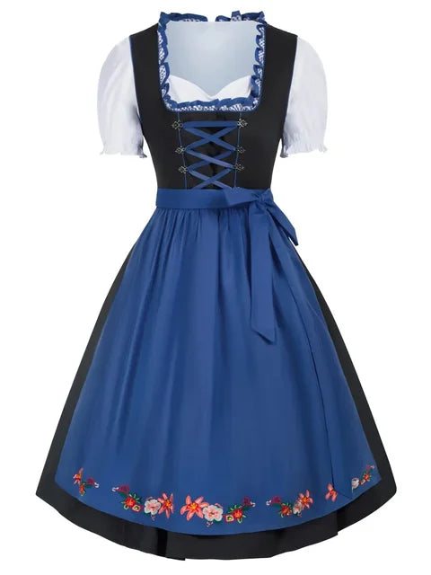 Elegantes Damen Oktoberfest Dirndl Komplettset mit detailreicher Stickerei, Schürze & Bluse für das Volksfest.